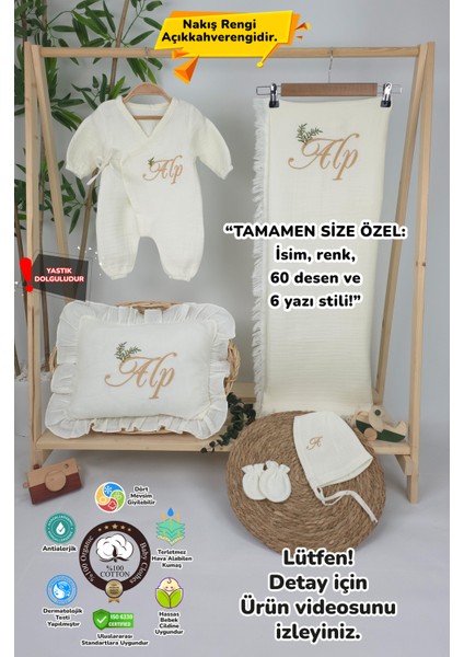 Müslin Yeni Doğan 4katlı Organik %100PAMUK Kişiye Özgü Nakışlı Hastane Çıkış Seti-Dal Model