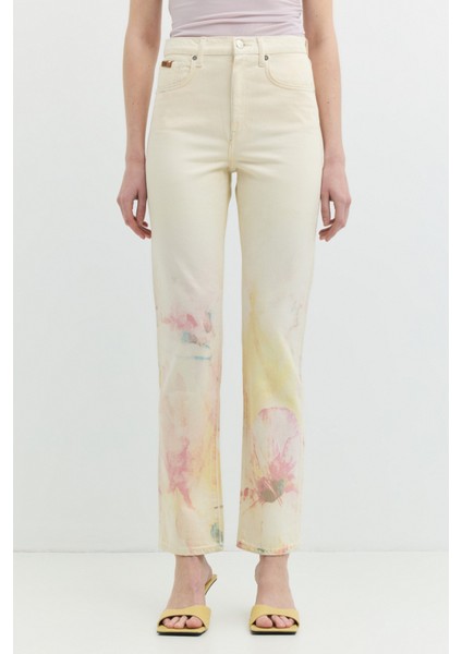ROSIE Bootcut Fit Çiçek Desenli Ekru Kadın Jean Pantolon