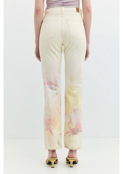 ROSIE Bootcut Fit Çiçek Desenli Ekru Kadın Jean Pantolon