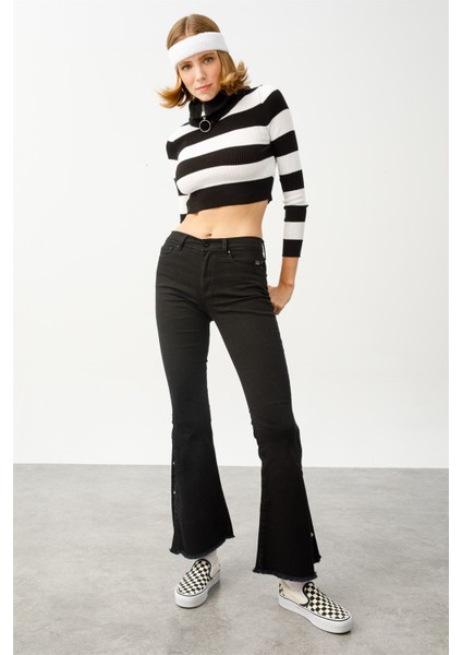 SERENA Skinny Flare Fit Çıtçıt Paça Siyah Kadın Jean Pantolon