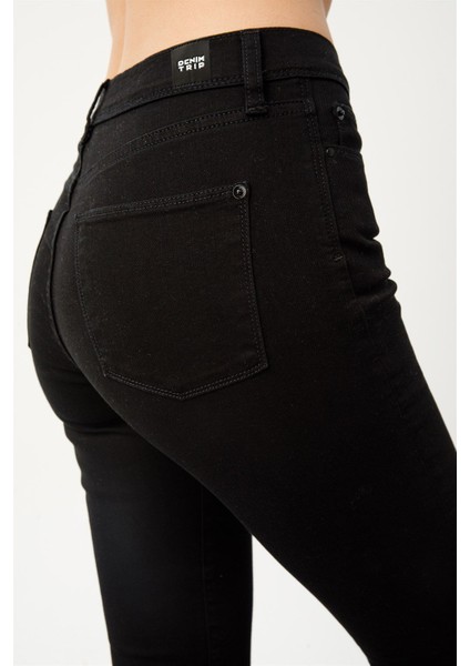 SERENA Skinny Flare Fit Çıtçıt Paça Siyah Kadın Jean Pantolon