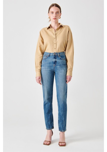 Yüksek Bel Dar Paça Mom Fit Indigo Kadın Denim Pantolon DTK363 Orta Indigo fırsatları