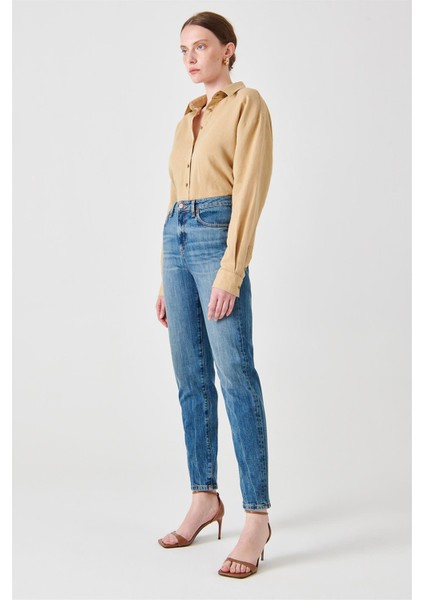 Yüksek Bel Dar Paça Mom Fit Indigo Kadın Denim Pantolon DTK363 Orta Indigo indirimleri