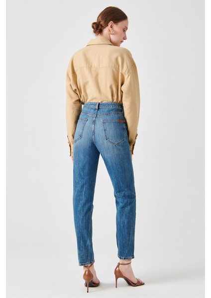 Yüksek Bel Dar Paça Mom Fit Indigo Kadın Denim Pantolon DTK363 Orta Indigo