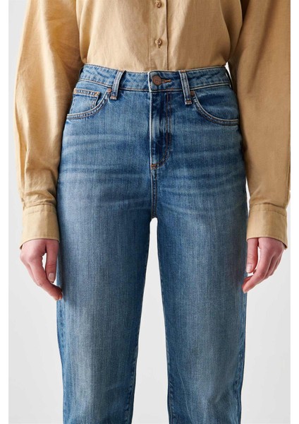 Yüksek Bel Dar Paça Mom Fit Indigo Kadın Denim Pantolon DTK363 Orta Indigo