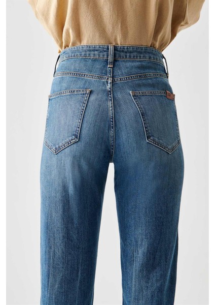 Yüksek Bel Dar Paça Mom Fit Indigo Kadın Denim Pantolon DTK363 Orta Indigo