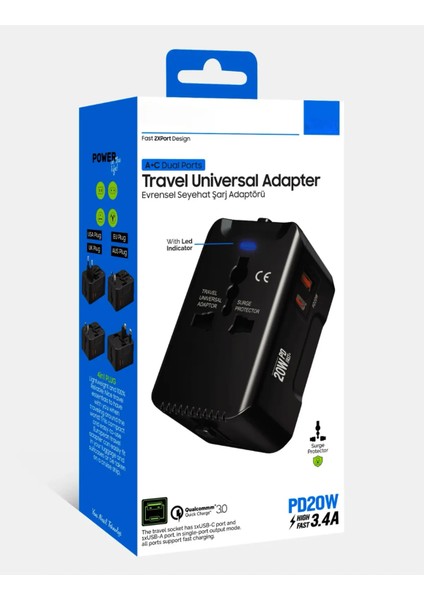 Evrensel Eu Us Au Uk Priz Fiş Çevirici Dönüştürücü Seyahat Adaptörü Pd 20W 1x USB 1x Type-C Port indirimleri