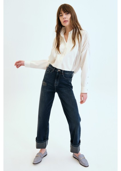 KARLA Straight Fit Dikiş Detaylı Koyu İndigo Kadın Jean Pantolon