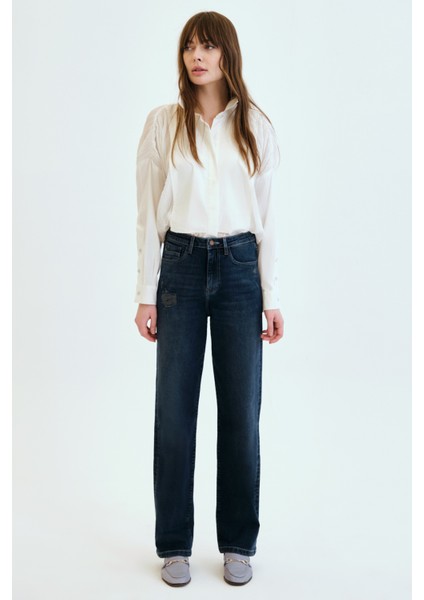 KARLA Straight Fit Dikiş Detaylı Koyu İndigo Kadın Jean Pantolon
