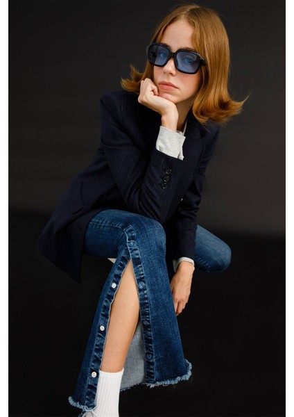 Normal Bel Ispanyol Paça Skinny Fit Koyu Indigo Kadın Denim Pantolon DT10043 Koyu Indigo