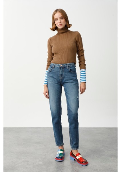 Yüksek Bel Dar Paça Mom Fit Indigo Kadın Denim Pantolon DT10104 Orta Indigo