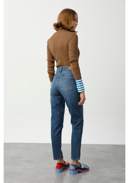 Yüksek Bel Dar Paça Mom Fit Indigo Kadın Denim Pantolon DT10104 Orta Indigo