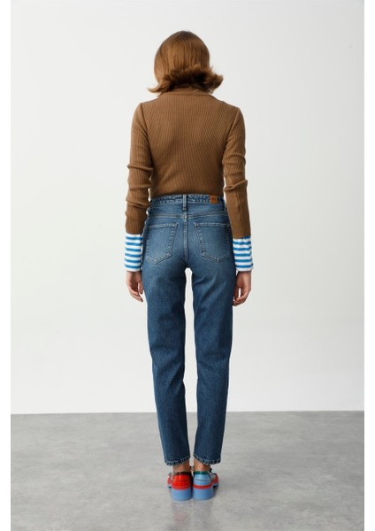 Yüksek Bel Dar Paça Mom Fit Indigo Kadın Denim Pantolon DT10104 Orta Indigo