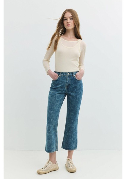 MINA Crop Bootcut Fit Çiçek Desenli Orta İndigo Kadın Jean Pantolon