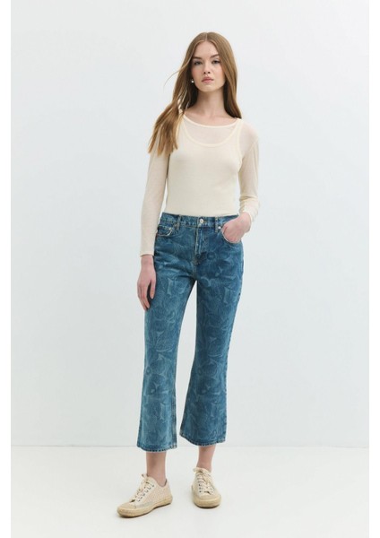 MINA Crop Bootcut Fit Çiçek Desenli Orta İndigo Kadın Jean Pantolon fiyatları