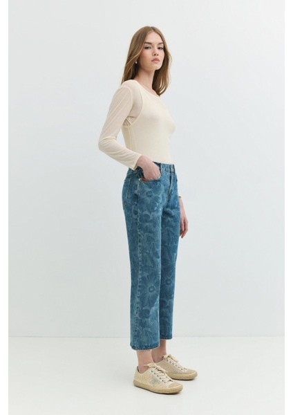 MINA Crop Bootcut Fit Çiçek Desenli Orta İndigo Kadın Jean Pantolon modelleri