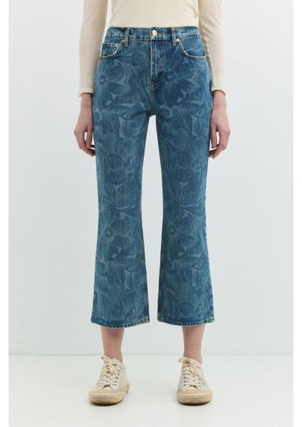 MINA Crop Bootcut Fit Çiçek Desenli Orta İndigo Kadın Jean Pantolon fırsatları