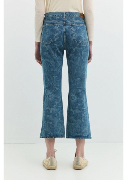 MINA Crop Bootcut Fit Çiçek Desenli Orta İndigo Kadın Jean Pantolon indirimleri