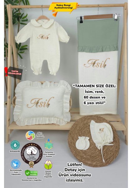 Müslin Yeni Doğan 4katlı Organik %100PAMUK Kişiye Özgü Nakışlı Hastane Çıkış Seti (Papatya Model-3)