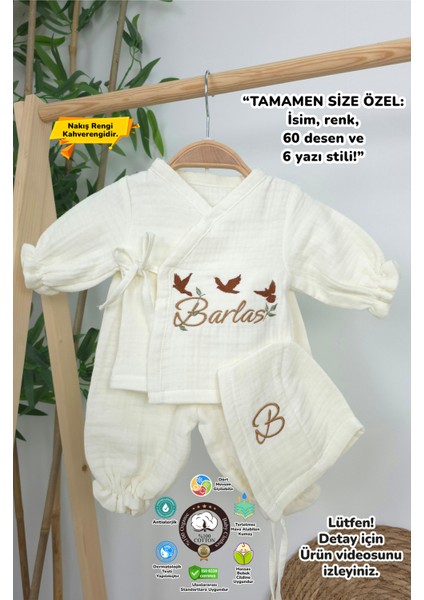 Müslin Yeni Doğan 4katlı Organik %100PAMUK Kişiye Özgü Nakışlı Hastane Çıkış Seti(3'lü Kelebk Model)