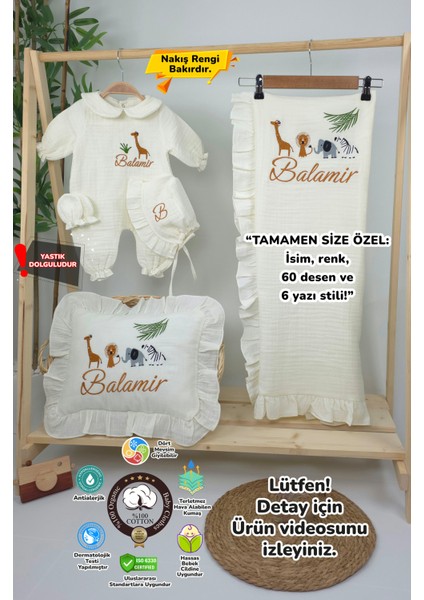 Müslin Yeni Doğan 4katlı Organik %100PAMUK Kişiye Özgü Nakışlı Hastane Çıkış Seti-Safari Model