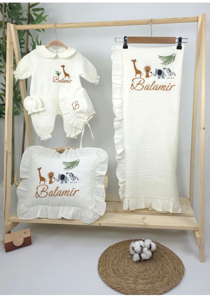 Müslin Yeni Doğan 4katlı Organik %100PAMUK Kişiye Özgü Nakışlı Hastane Çıkış Seti-Safari Model fiyatları