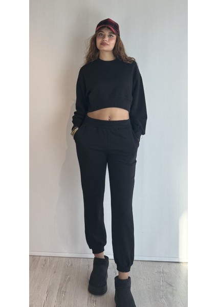 Kadın Bisiklet Yaka Uzun Kollu Crop Top Sweatshirt Eşofman Takımı