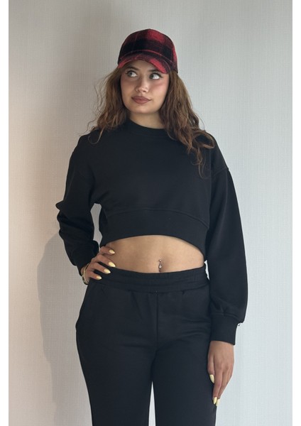Kadın Bisiklet Yaka Uzun Kollu Crop Top Sweatshirt Eşofman Takımı fiyatları