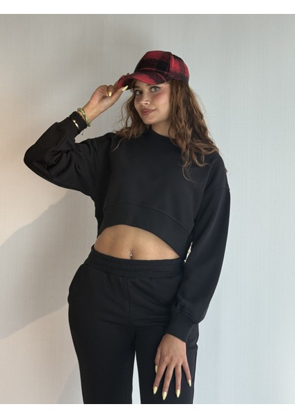 Kadın Bisiklet Yaka Uzun Kollu Crop Top Sweatshirt Eşofman Takımı fırsatları