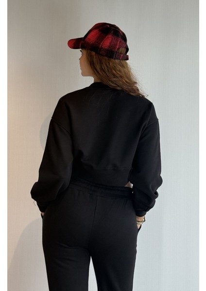 Kadın Bisiklet Yaka Uzun Kollu Crop Top Sweatshirt Eşofman Takımı