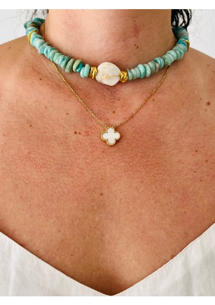 Turkuaz Taşlı&İnci Detaylı Kolye