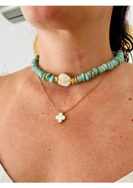 Turkuaz Taşlı&İnci Detaylı Kolye fiyatları
