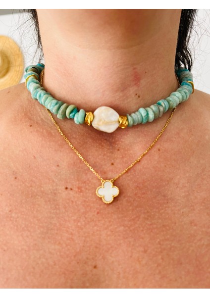 Turkuaz Taşlı&İnci Detaylı Kolye modelleri