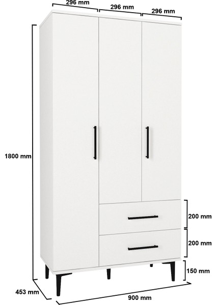 Nuna Gardırop 3 Kapaklı 2 Çekmeceli – 180X90 cm Genç ve Yatak Odası Dolabı