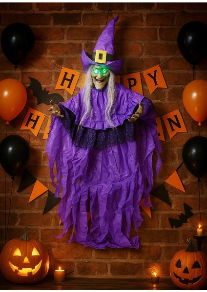 Cadılar Bayramı Cadı Figürlü Asılabilir Halloween Hareketli Işıklı Parti Dekoru Mor 185 cm
