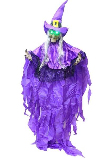 Cadılar Bayramı Cadı Figürlü Asılabilir Halloween Hareketli Işıklı Parti Dekoru Mor 185 cm modelleri
