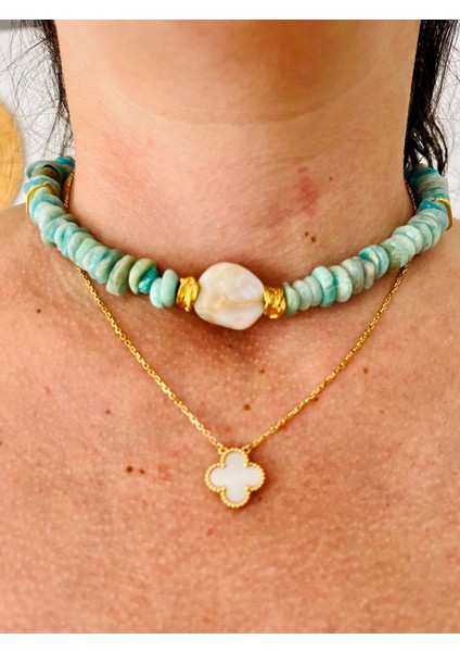 Turkuaz Taşlı&İnci Detaylı Kolye fırsatları