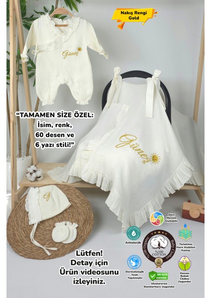Müslin Yeni Doğan 4katlı Organik %100PAMUK Kişiye Özgü Nakışlı Hastane Çıkış Seti (Güneş Model-2)