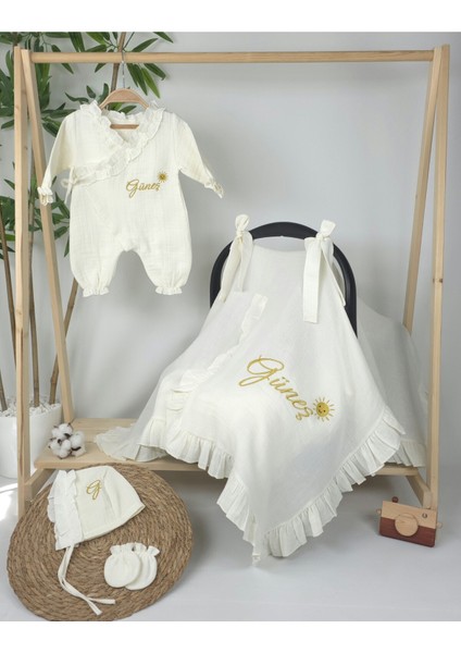 Müslin Yeni Doğan 4katlı Organik %100PAMUK Kişiye Özgü Nakışlı Hastane Çıkış Seti (Güneş Model-2) fiyatları
