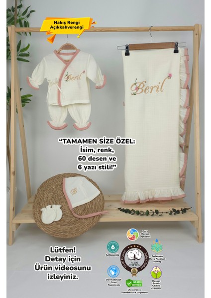 Müslin Yeni Doğan 4katlı Organik %100PAMUK Kişiye Özgü Nakışlı Hastane Çıkış Seti (Pudra Biyeli-1)
