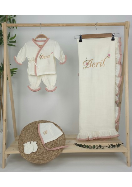 Müslin Yeni Doğan 4katlı Organik %100PAMUK Kişiye Özgü Nakışlı Hastane Çıkış Seti (Pudra Biyeli-1) fiyatları