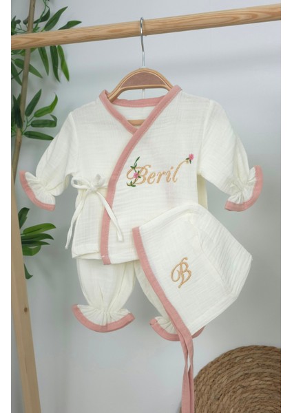 Müslin Yeni Doğan 4katlı Organik %100PAMUK Kişiye Özgü Nakışlı Hastane Çıkış Seti (Pudra Biyeli-1) modelleri