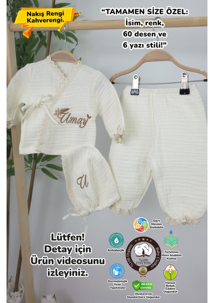 Müslin Yeni Doğan 4katlı Organik %100PAMUK Kişiye Özgü Nakışlı Hastane Çıkış Seti(Gökkuşağı Model1)