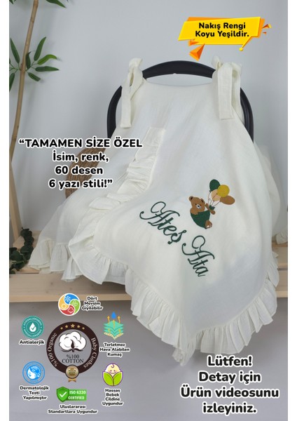 Müslin Yeni Doğan 4katlı Organik %100PAMUK Kişiye Özgü Nakışlı Hastane Çıkış Seti-Yeşil Ayıcık Balon