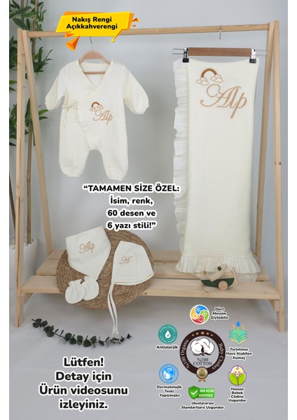 Müslin Yeni Doğan 4katlı Organik %100PAMUK Kişiye Özgü Nakışlı Hastane Çıkış Seti (Gökkuşağı Model2)