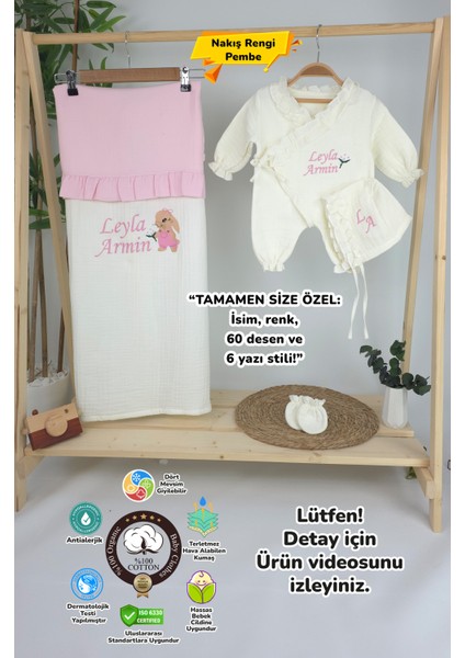 Müslin Yeni Doğan 4katlı Organik %100PAMUK Kişiye Özgü Nakışlı Hastane Çıkış Seti-Tavşan Model-1