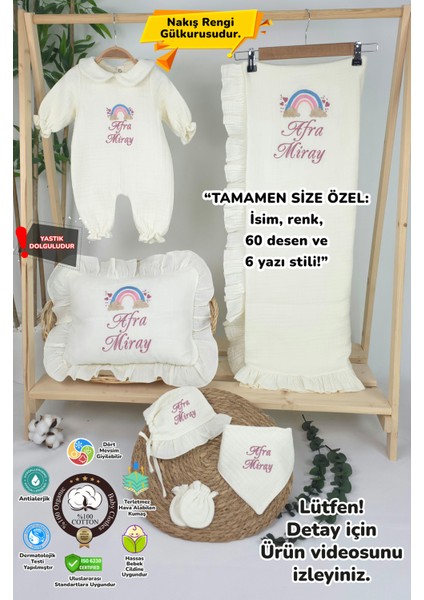 Müslin Yeni Doğan 4 Katlı Organik %100PAMUK Kişiye Özgü Nakışlı Hastane Çıkış Seti-Pudra Gökkuşağı