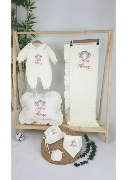 Müslin Yeni Doğan 4 Katlı Organik %100PAMUK Kişiye Özgü Nakışlı Hastane Çıkış Seti-Pudra Gökkuşağı fiyatları