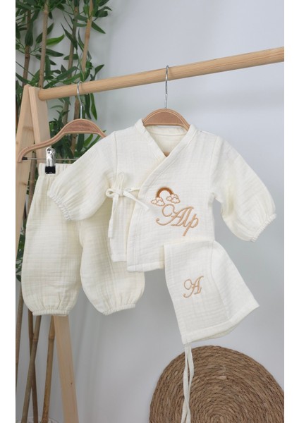 Müslin Yeni Doğan 4katlı Organik %100PAMUK Kişiye Özgü Nakışlı Hastane Çıkış Seti (Gökkuşağı Model2) fırsatları