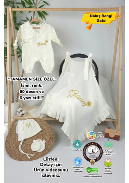 Müslin Yeni Doğan 4katlı Organik %100PAMUK Kişiye Özgü Nakışlı Hastane Çıkış Seti-Güneş Model-1